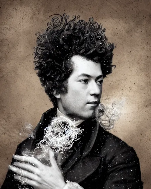 Image similar to a highly detailed portrait of poet Alexander Sergeyevich Pushkin as a devious male magician radiating a powerful energy aura, ornate back tuxedo, wispy tendrils of smoke, swirling vortex of energy, performance art, intricate, digital painting, old english, raining, sepia, particles floating, whimsical background by marc simonetti, art by artgerm and greg rutkowski and alphonse mucha