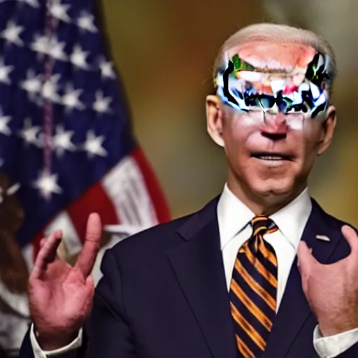 Image similar to photo Doom horror furious glowing red eyes vast destruction biden