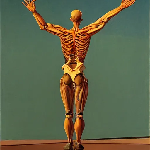 Prompt: biomechanical human raising his hands into the sky by edward hopper