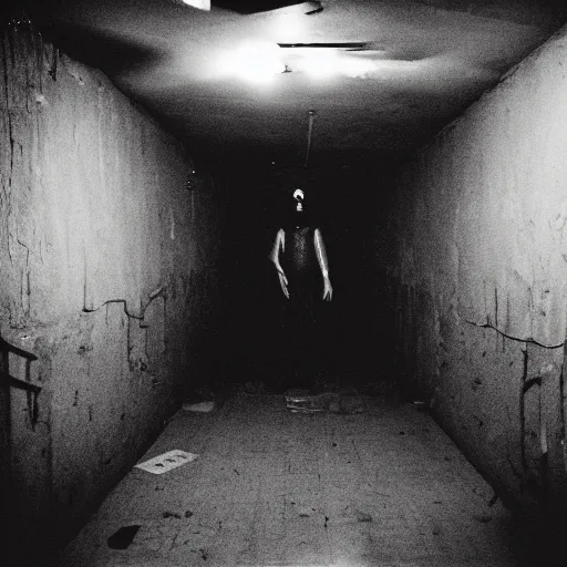 Image similar to a flooded creepy empty basement hallway with a clown standing in the dark, shaky, film grain, craigslist photo