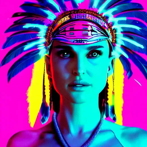 Prompt: natalie portman wearing native american headdress in a neon synthwave style, 4 k, 8 k, backlit, beautiful, magical, trending digital art portrait