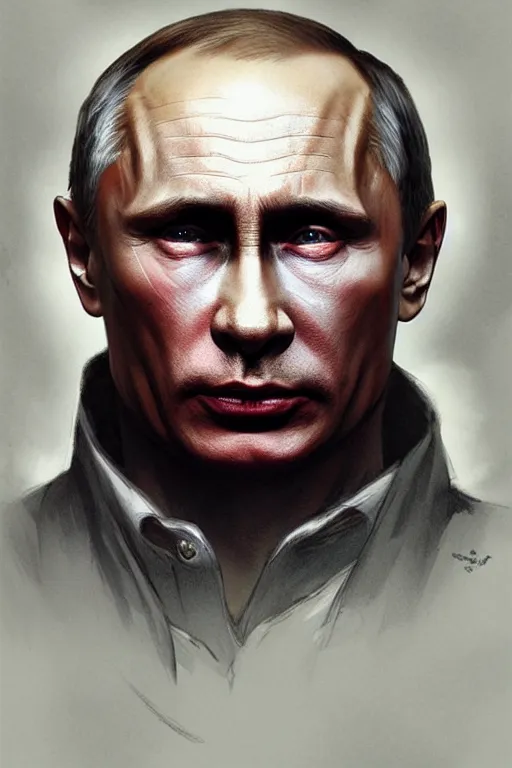 Image similar to Vladimir Putin as zombie, portrait, highly detailed, digital painting, artstation, concept art, smooth, sharp focus, illustration, cinematic lighting, art by artgerm and greg rutkowski and alphonse mucha