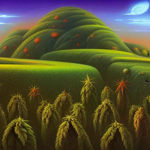 Image similar to surrealistic painting of cannabis dense bushes on alien planet, colourful morning, by vladimir kush