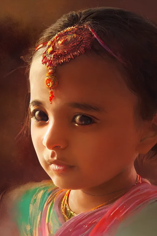 Image similar to hindu little girl, joyful, close - up portrait, intricate, elegant, volumetric lighting, scenery, digital painting, highly detailed, artstation, sharp focus, illustration, concept art, ruan jia, steve mccurry