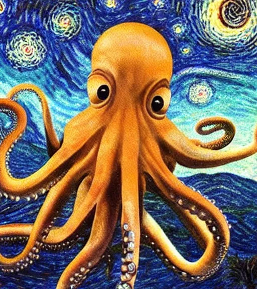 Prompt: a cybernetic realistic octopus giving a lecture in Cap de Creus, Starry Night, Ethereal Scifi, detailed oil painting by Salvador Dali