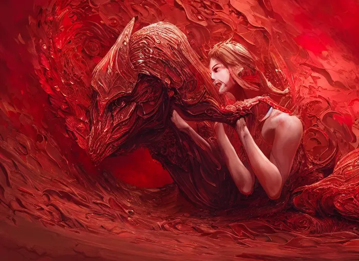 Image similar to woman in love sit upon a scarlet coloured beast, pain, light effect, hyper detailed, intricate, elegant, highly detailed, digital painting, artstation, concept art, matte, sharp focus, illustration, by james jean, andrei riabovitchev, marc simonetti, yoshitaka amano