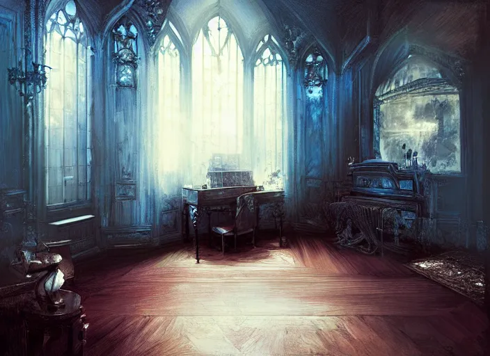 Image similar to gothic mansion room, wooden floor, elegant, digital artwork, paint, blue tones, detailed, by bastien lecouffe deharme, by jeremy mann, by alexander fedosav