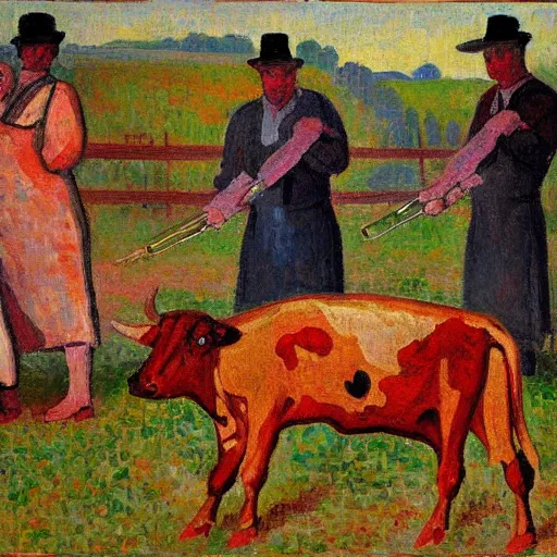 Image similar to a painting in the style of Maximilien Luce of a cow wearing a bloody apron and butchering a human