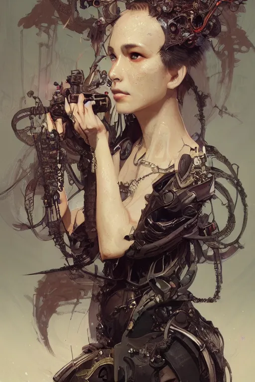 Image similar to A full portrait of a powerful beautiful futuristic dystopian junktown Japanese necromancer sorcerer enchanter, intricate, elegant, highly detailed, digital painting, artstation, concept art, smooth, sharp focus, illustration, art by Krenz Cushart and Artem Demura and alphonse mucha