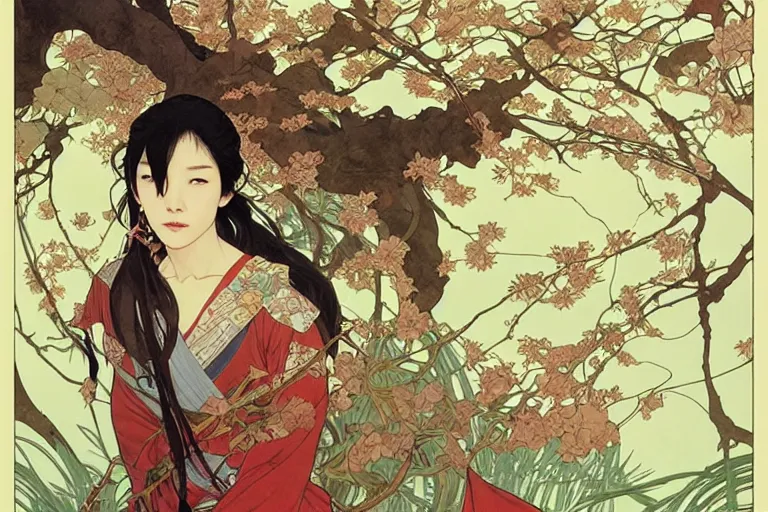 Image similar to beautiful cinematic fantasy poster, asian woman with 2 left arms side view using a bokken in forest ; intricate complexity, by shigenori soejima, krenz cushart, alphonse mucha, takato yamamoto, conrad roset, 4 k, beautiful, high quality - h 9 6 0