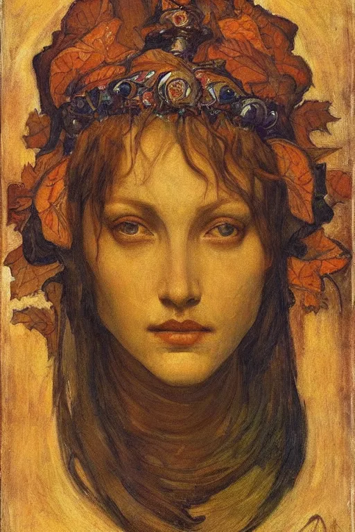Image similar to queen of autumn by Annie Swynnerton and Nicholas Roerich, strong dramatic cinematic lighting , ornate headdress , flowing robes, lost civilizations, smooth, sharp focus, extremely detailed