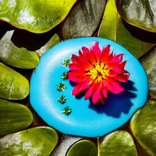 Image similar to perfume bottle sitting on a lilypad in the middle of a blue lake, close up shot, upfront, surrounded by tropical leaves, blurred tropical background, softly - lit, soft - warm, zen, light, modern minimalist f 2 0 clean