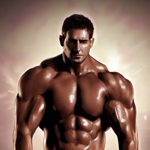 Image similar to a realistic detailed photo of a bodybuilder who is also a male android Chris Redfield, shiny skin, posing robotically, blank stare