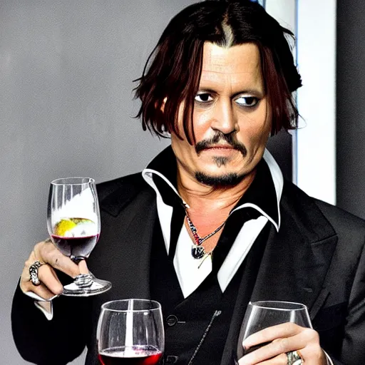Prompt: johnny depp taking a sip from a megapint of red wine, photograph