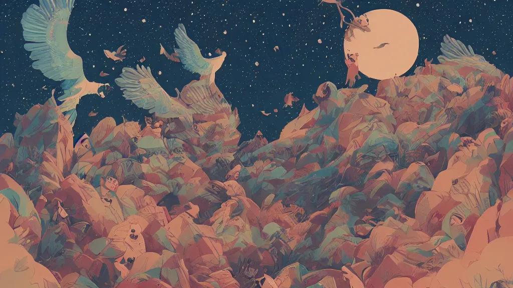 Prompt: ilya kuvshinov, mcbess, rutkowski, victo ngai, james jean, watercolor illustration of owls flying at night as stars in sky, colorful, mural, deep shadows, astrophotography, highly detailed