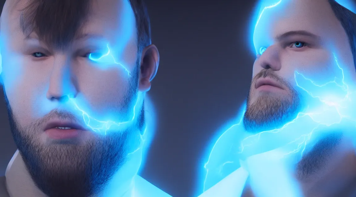 Prompt: Fat neckbeard redditor illuminated by a blue screen light, Canon, 100mm, octane render, photorealistic, detailed, cinematic, 8k no blur, volumetric lightning