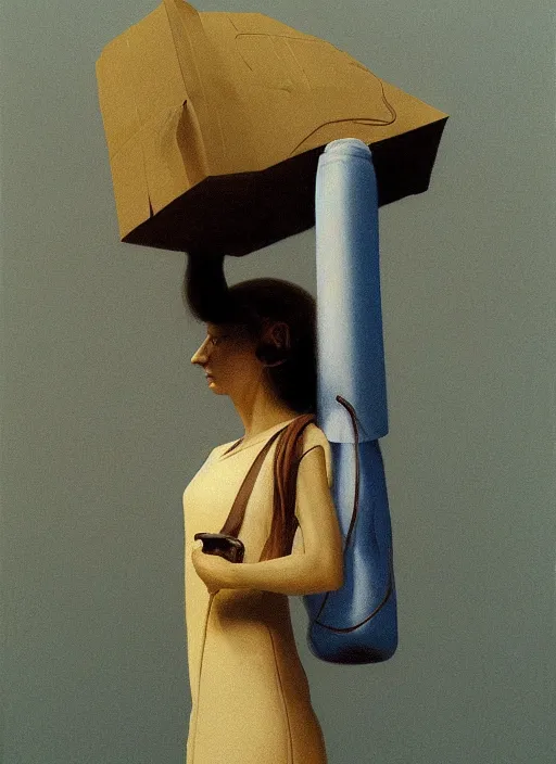 Image similar to women in paper bag over the head with portable oxygen tank Edward Hopper and James Gilleard, Zdzislaw Beksinski, highly detailed