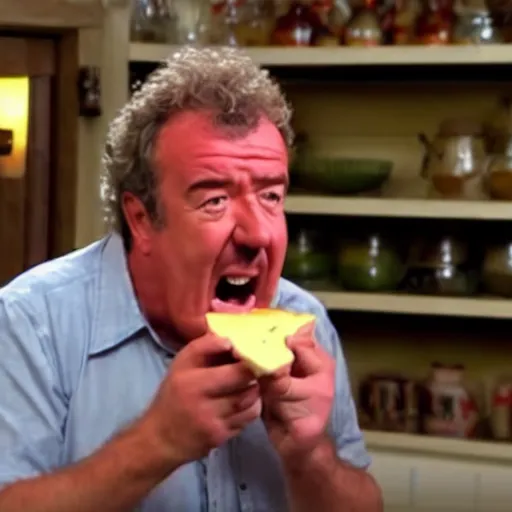 Image similar to jeremy clarkson screaming angry while trying to eat melted cheese