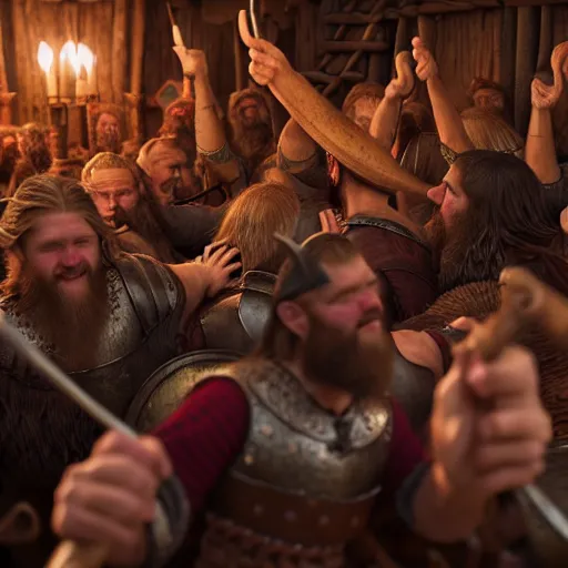 Prompt: Selfie shot, viking brothers in a crowded tavern, anatomically correct, dof, Arnold Render, intricately detailed, 8k