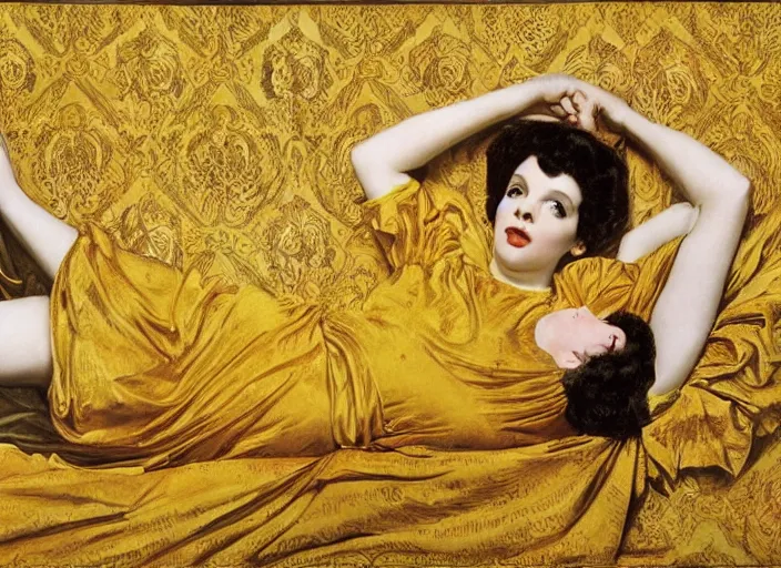 Image similar to portrait of liza minelli hybrid judy garland reclining on bed, wearing yellow ochre ornate medieval dress, preraphaelite colour photography by frederic leighton, william morris, 8 k