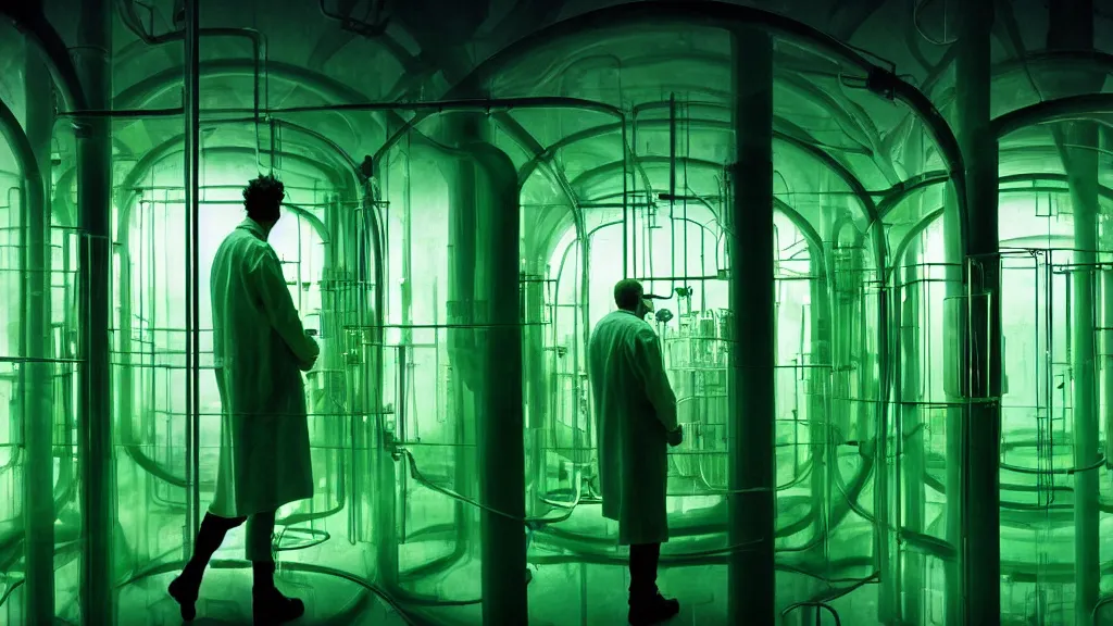 Image similar to a mad scientist in his lab, giant vats of green liquid line the walls, film still from the movie directed by denis villeneuve and david cronenberg with art direction by salvador dali and zdzisław beksinski, wide lens