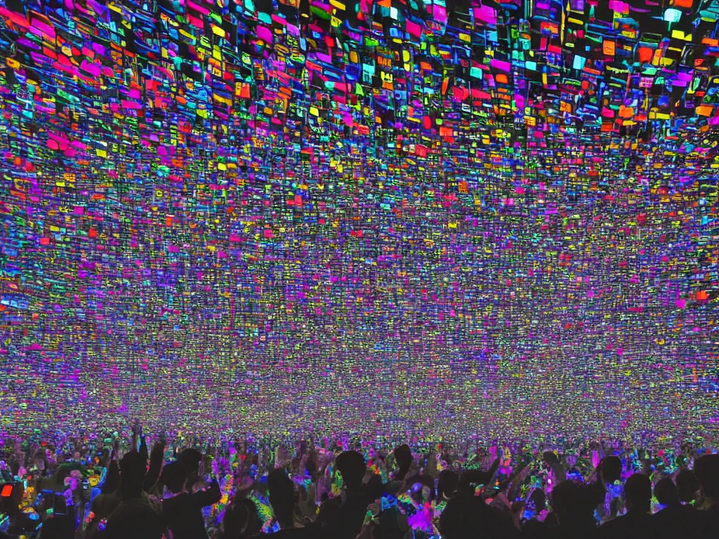 Image similar to cinematic epic, groups of happy people in cyberspace, many layers of overlapping translucent gigantic screens projecting beautiful random sized reference sheets, floating translucent graphics, dripping light drops, hands touching light drops, supercomputers transforming text to images, perfect lighting pixel sorting