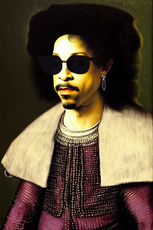 Prompt: high quality celebrity portrait of prince in a crown and sunglasses painted by the old dutch masters, rembrandt, hieronymous bosch, frans hals, symmetrical detail