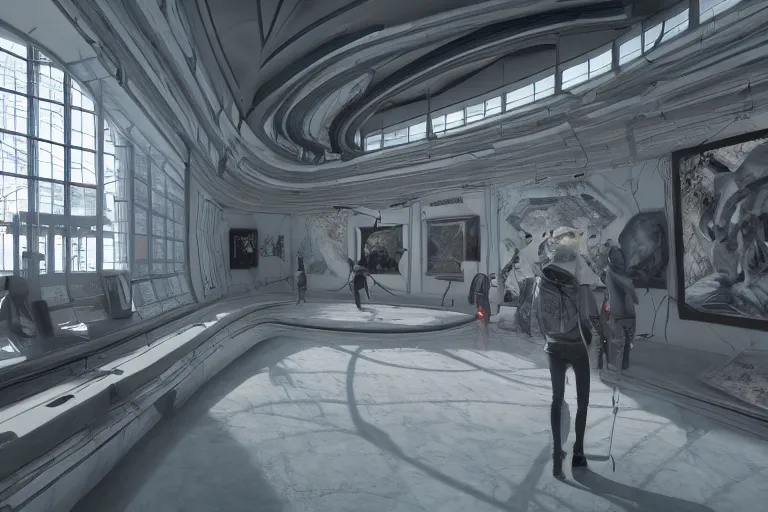 Prompt: interior futuristic ai art gallery wide angle highly detailed by ricardo boffil and saturno butto and wlod, captivating 8 k hdr, octane render godrays