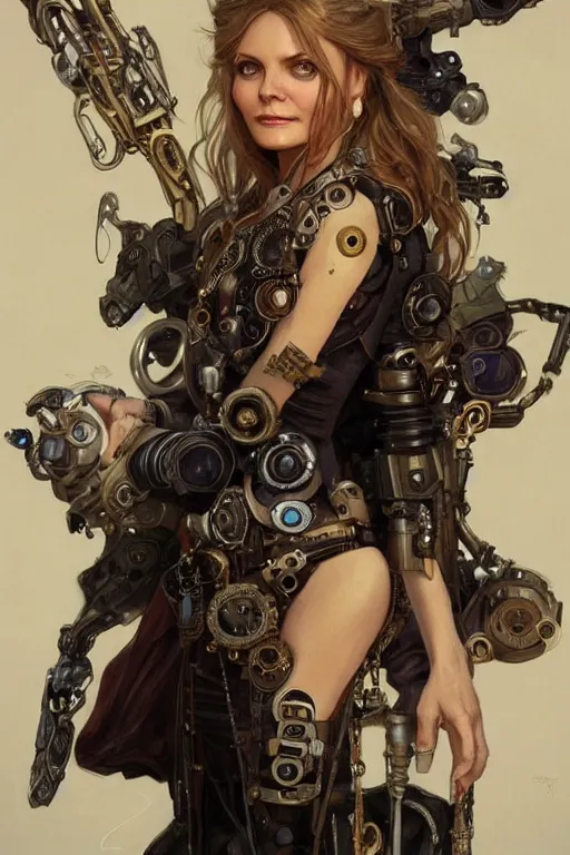 Image similar to young michelle pfeiffer as a steampunk cyborg, portrait, western, steampunk, duster, fantasy, intricate, elegant, highly detailed, digital painting, artstation, concept art, sharp focus, illustration, art by artgerm and greg rutkowski and alphonse mucha