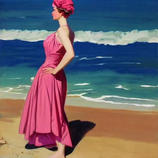 Image similar to woman in black dress in the middle of the beach, pink water, leyendecker style