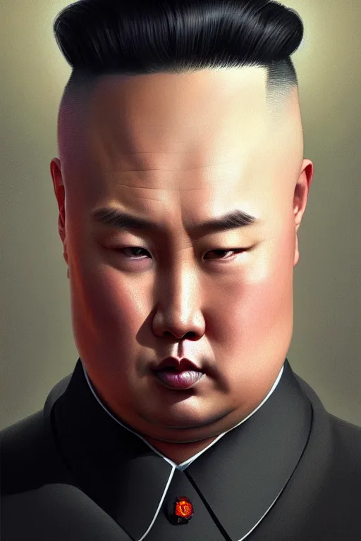 Image similar to putin with kim jong un hairstyle, realistic portrait, symmetrical, highly detailed, digital painting, artstation, concept art, smooth, sharp focus, illustration, cinematic lighting, art by artgerm and greg rutkowski and alphonse mucha