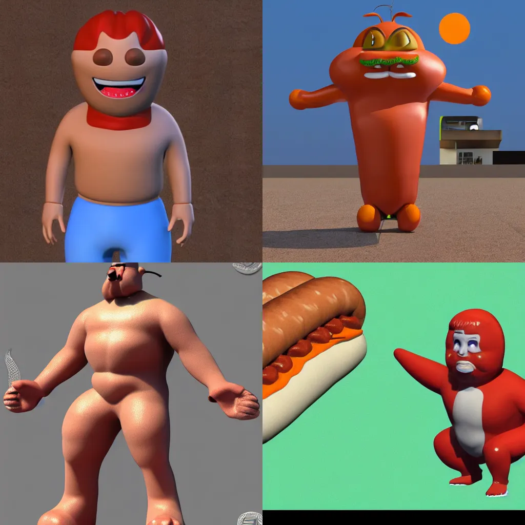 Prompt: blender render of humanoid hot-dog gigachad