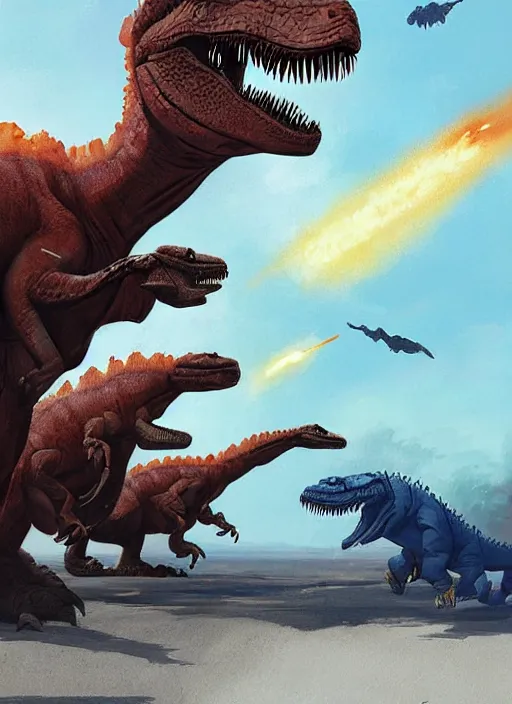 Prompt: dinosaurs fleeing from the incoming fiery asteroid by greg rutkowski