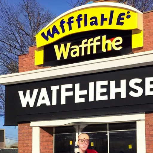 Image similar to wafflehouse employee's standing below wafflehouse sign