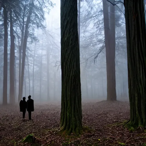 Prompt: Three ominous figures standing amongst a tall skinny tree forest with eerie fog covering the ground. Creepy glowing eyes coming from the fog and a night time setting