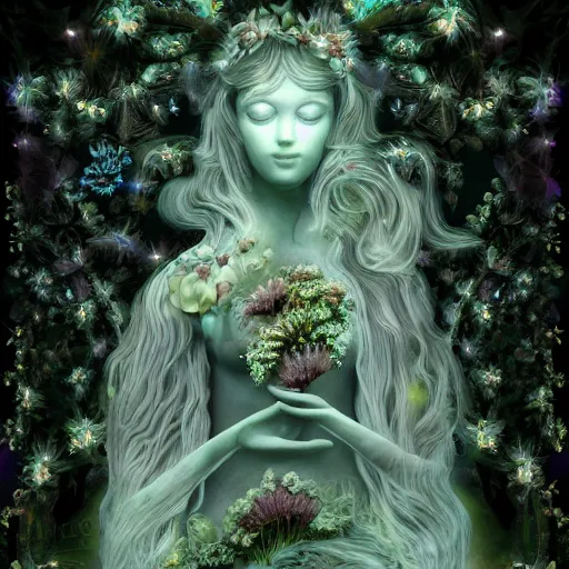 Image similar to glowing delicate flower and mushrooms that grow in a dark fatansy forest on the planet Pandora, an idealistic marble statue with fractal flowery hair in a fractal garden, - W 704