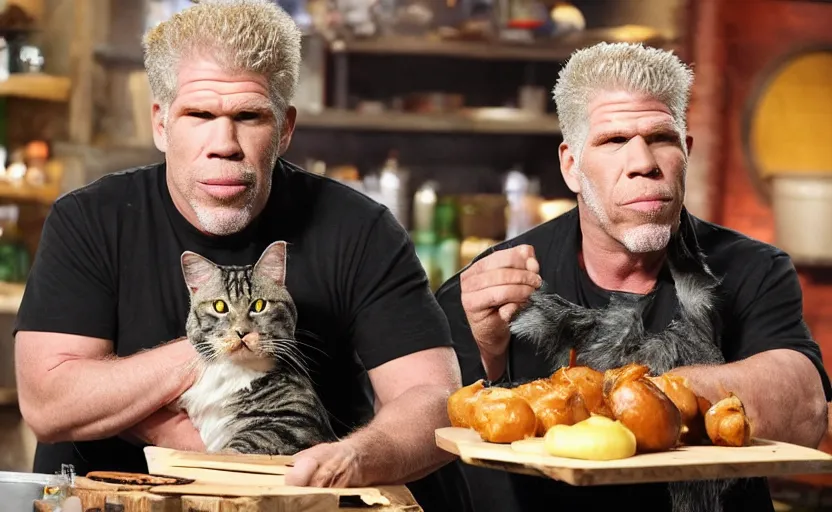 Image similar to Ron Perlman on the food network tv show cooking a maine coon cat