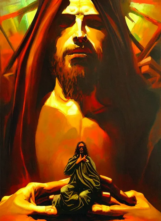 Prompt: mammon, blinfolded jesus sitting on throne of entwined bodies, holding cornucopia, painting by phil hale, 'action lines'!!!, graphic style, visible brushstrokes, motion blur, blurry