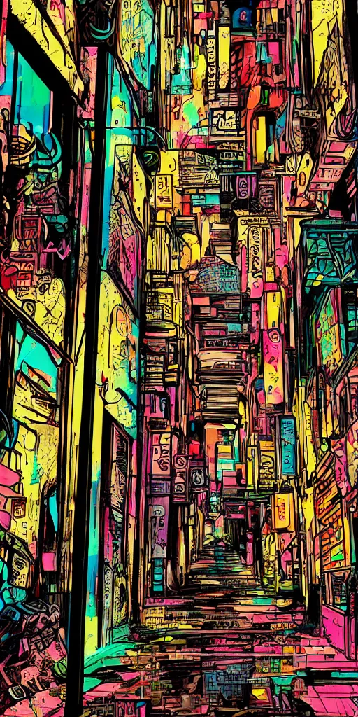 Image similar to person standing in a cyberpunk alley, pop art, markers, rtx, 8 k, ray tracing, highly detailed