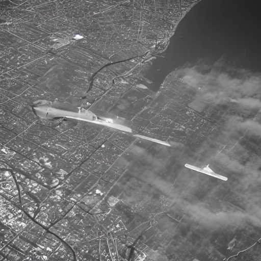 Image similar to infrared camera view from bomber, flying over new york, miltary