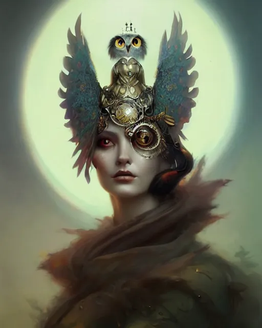 Prompt: a fantasy owl queen, beauty portrait by peter mohrbacher, tom bagshaw, greg rutkowski, wlop, ruan jia, opulent costume inspired by iris van herpen