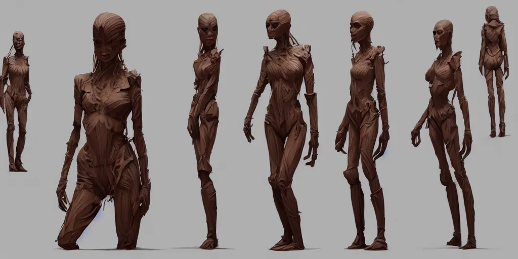 Image similar to wooden woman design, character sheet, 3d render, Greg Rutkowski, Zabrocki, Karlkka, Jayison Devadas, Phuoc Quan, trending on Artstation, 8K, ultra wide angle, zenith view, pincushion lens effect