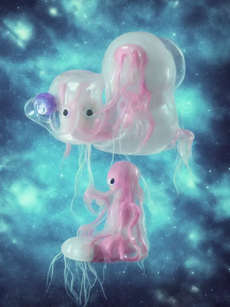 Image similar to cute fumo plush alien jellyfish girl sitting on a small island floating in the dark galactic abyss, vignette, vray