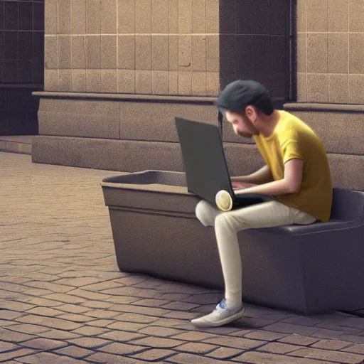 Prompt: a bum using laptop near trashcans, concept art, highly detailed, intricate, sharp focus, digital art, 8 k