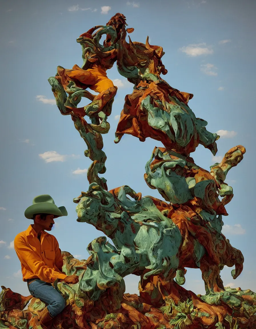 Image similar to a cowboy turning into blooms by slim aarons, by zhang kechun, by lynda benglis, by frank frazetta. tropical sea slugs, angular sharp tractor tires. bold complementary colors. warm soft volumetric light. 8 k, 3 d render in octane unreal engine. a manly cowboy riding petals sculpture by antonio canova. jade green and ochre