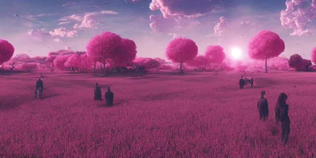 Prompt: a crowd of people next to spaceships in wheatfields of pink plants, pink trees, pink grass, spaceships flying in the sky, at dawn, epic scale ultrawide angle, stunning, epic, cinematic, artstation trending, octane render, hyperrealistic, cryengine 8 k uhd