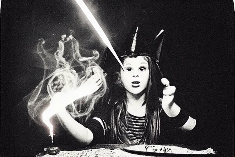 Image similar to extreme close up portrait, dramatic lighting, teen witch aggressively pointing a magic wand casting a spell over a table with pyrotechnics, cat on the table in front of her, sage smoke, magic wand, a witch hat cloak, apothecary shelves in the background 1 9 8 0's photo, polaroid, damaged film