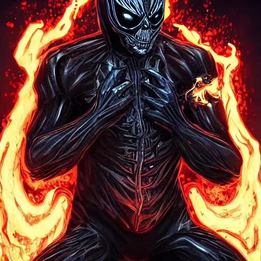 Image similar to ghost rider symbiote, comic strip style, dynamic lighting, fantasy concept art, trending on art station, stunning visuals, creative, cinematic, portrait, ultra detailed