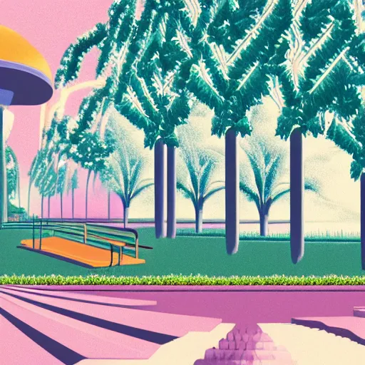 Image similar to art deco vaporwave illustration of a park with trees, benches, and a water feature, in a futuristic pastel city