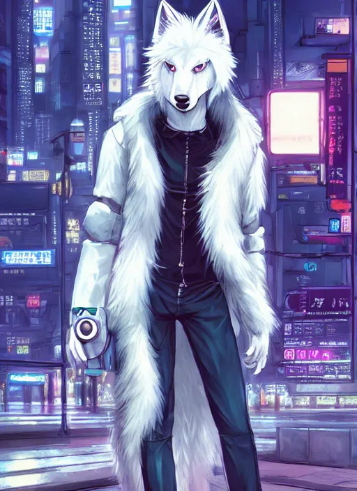 Image similar to character portrait of a male anthro white wolf fursona with a tail and a cute beautiful attractive furry face wearing stylish cyberpunk clothes in a cyberpunk city at night while it rains. hidari, color page, tankoban, 4K, tone mapping, Akihiko Yoshida.